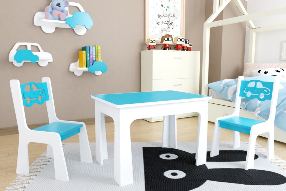 Dětský stůl a dvě židličky - modré autíčko