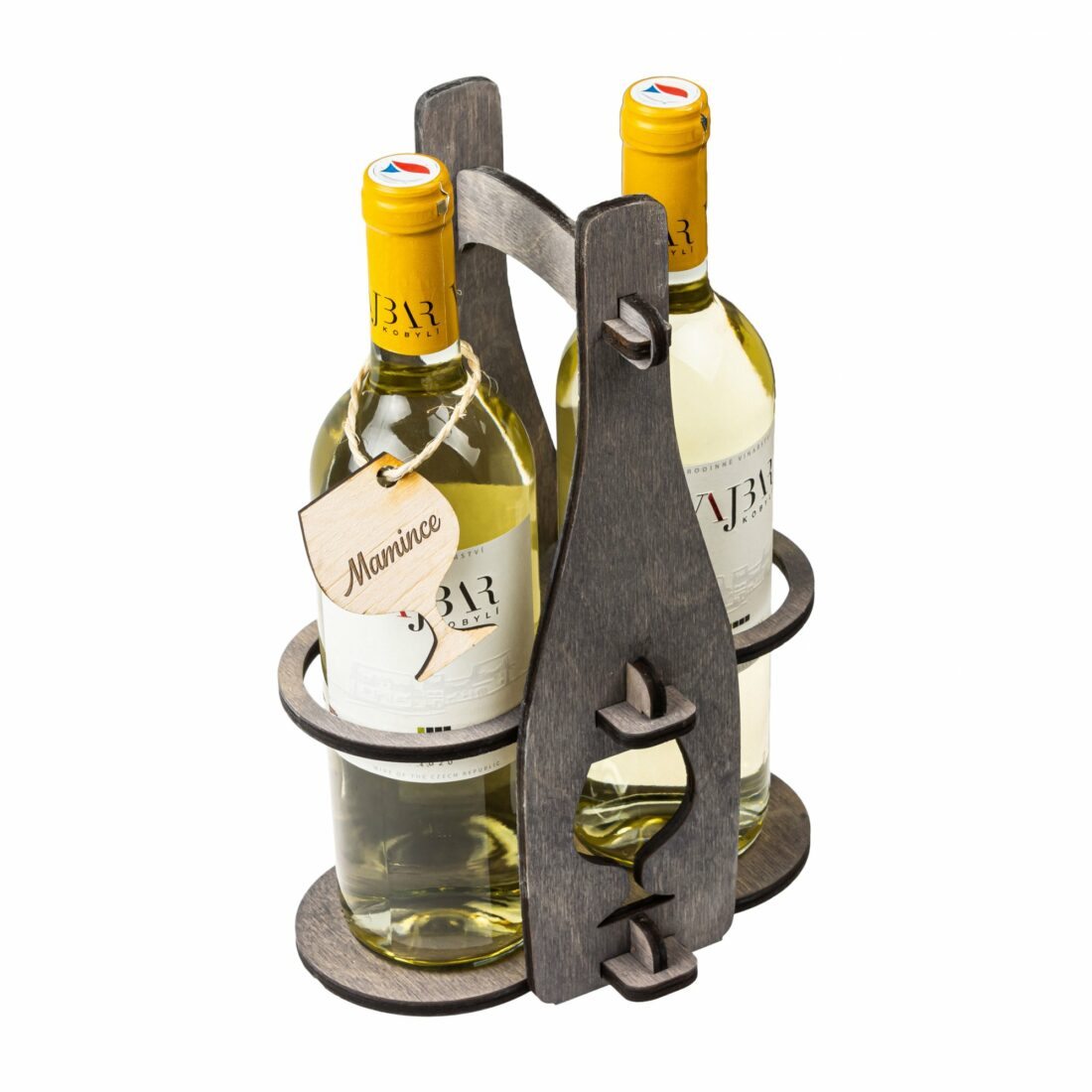 Dřevěný dárkový nosič na  vína s visačkou MAMINCE